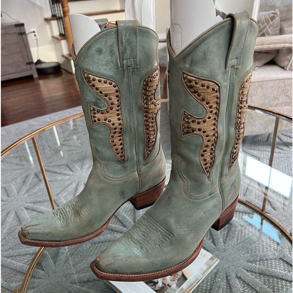 Distressed pale turquoise Frye boots w snakeskin